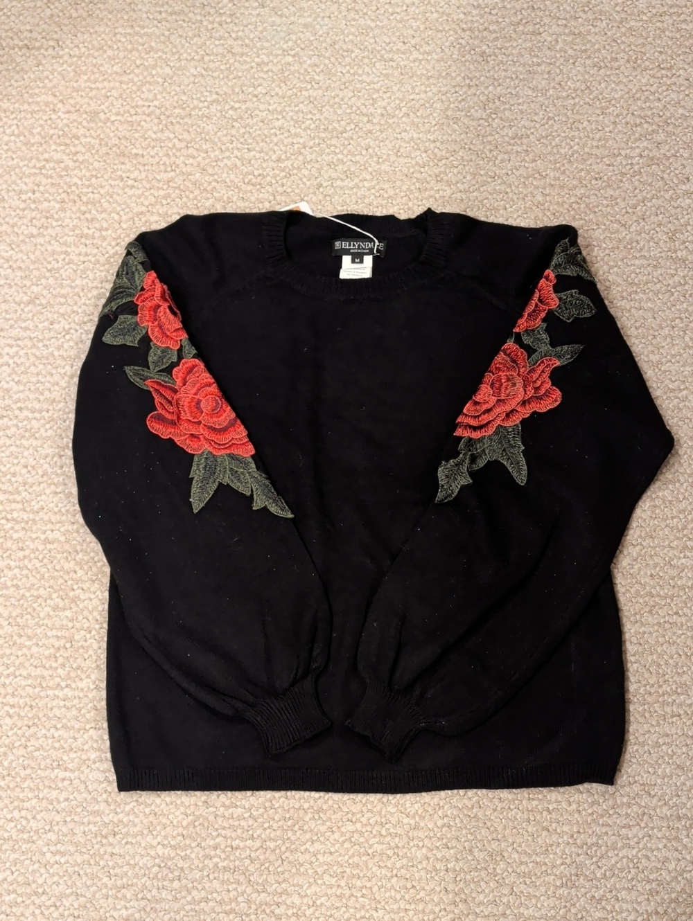 Black Crewneck Sweater with Red Rose 3D Embroidery